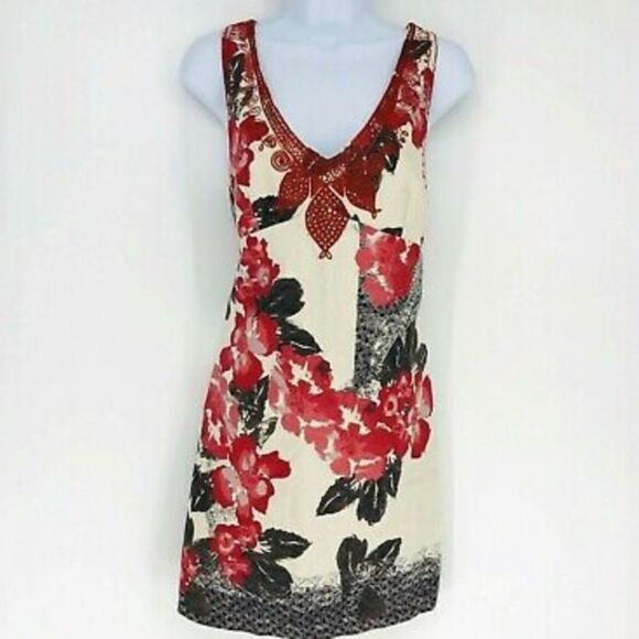 Floral Print V Neck Embroidered Cotton Tank Dress - Picture 3 of 11
